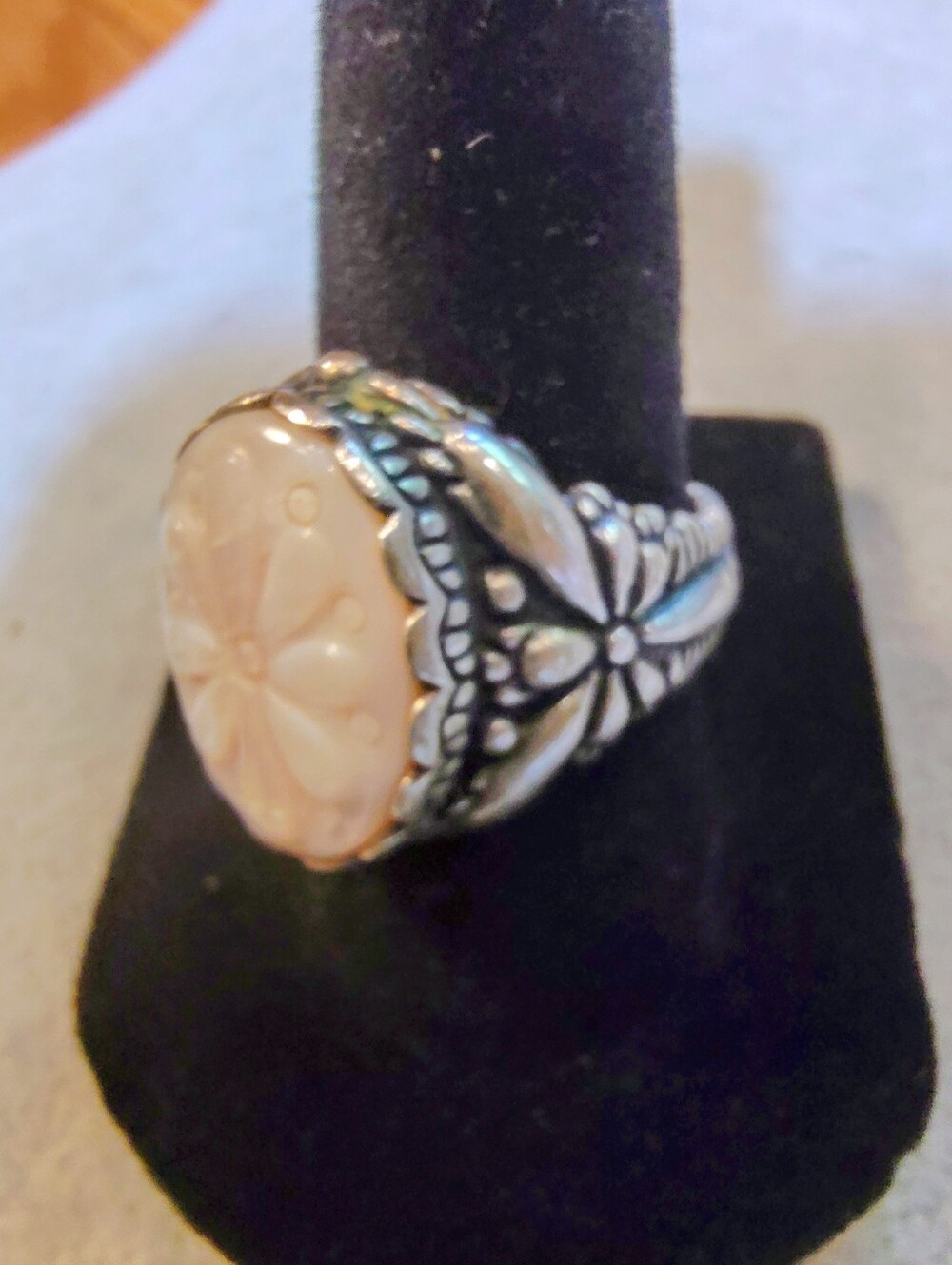 Carolyn Pollack Sterling Carved Pink MOP Cameo Ring Vintage Size 7